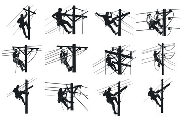 Set of Electrician Climbing Power Pole for Electrical Work. Lineman Maintaining Power Lines on Utility Pole