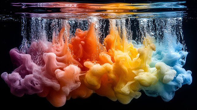 A vibrant rainbow of colors swirling underwater, creating an ethereal underwater dreamscape with bubbles rising to the surface.