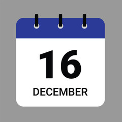 Vector illustration of a calendar icon showing dates and events. December 16 Calendar Icon – Flat Design, Minimalist Date Illustration