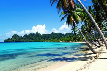 Turquoise Paradise Beach Captivating View Of White Sandy Shore With Lush Green Tropical Vegetation, Blue Skies Picturesque Natural Beauty Perfect Vacation Escape