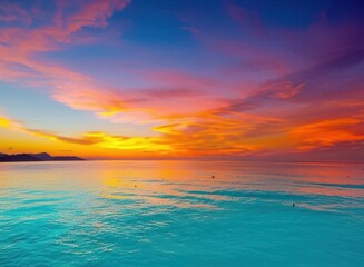 Stunning Coastal Sunset Vibrant Pink And Turquoise Ocean Meets Serene Sky, Creating Breathtaking Beauty And Atmosphere Overlooking Silhouetted Mountains