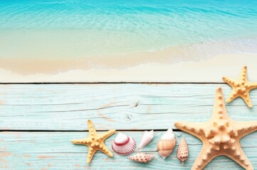 Captivating Turquoise Aqua Coastal Scene Starfish Seashells On Wooden Surface Near Shore Relaxing Beach Vibe With White Sand Textured Marine Life In Serene Environment