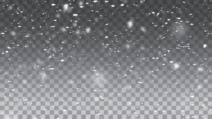 Glittering snowflakes in mid air on transparent background. Snow overlay effects creating a peaceful winter ambiance. White snow layers and frosty particles in vector format.