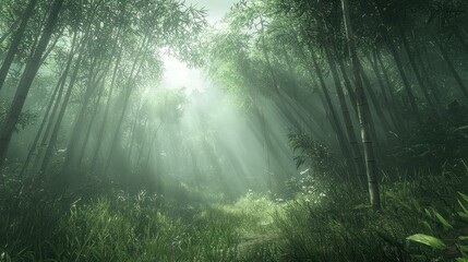 Obraz premium Enchanting Bamboo Forest Bathed in Mystical Light Rays, A Verdant Sanctuary
