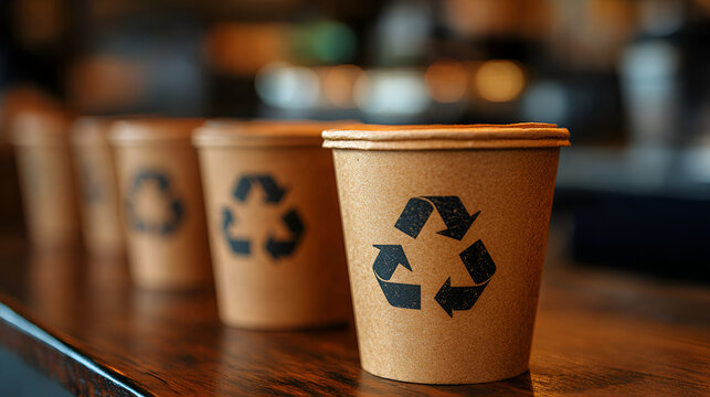 Eco-conscious coffee cups showcasing a commitment to sustainability and environmental responsibility in a warm, inviting caf&eacute; setting with soft lighting.