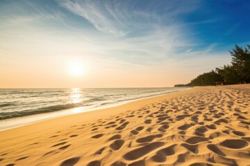 Golden Beach Sunrise Capturing Beauty Of Warm, Calm Ocean Scene With Yellow Sunlight On Sand Footprints And Bright Skies Showcase Natural Beauties Sun Kissed Glow