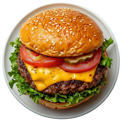 Fresh cheeseburger on a plate top view isolated on transparent background 