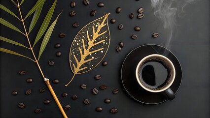 Fototapeta premium Morning Brew & Artistry: An overhead shot captures a steaming cup of coffee alongside scattered beans, and decorative leaf, suggesting a moment of calm and sophistication.