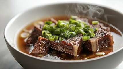 Delicious serving of stewed meat topped with fresh green onions
