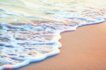 Close Up Beach Serenity Gentle Water Kissing Sand, Capturing Clear, Calm Beauty Of Foamy Waves Under Suns Light, Reflecting Peaceful Day By Shore