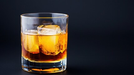 Apple cider vinegar wellness and metabolism, A glass of whiskey on the rocks, featuring clear ice cubes, set against a dark background, creating an elegant and sophisticated atmosphere.