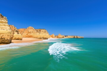 Golden Beach Bliss Turquoise Waters, Blue Sky, And Majestic Rock Formations On Coastal Paradise Side Sun Kissed Sandy Shores And Serene Landscape