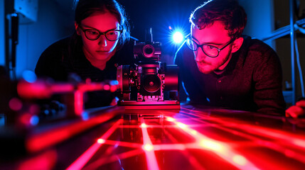 Two researchers engaged in serious conversation while analyzing eigenfunctions in a research environment.