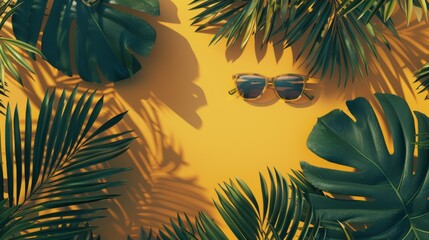 Minimalist summer concept with a palm tree beach sunglasses on blank yellow green background