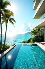 Fototapeta premium luxurious hotel resort with a breathtaking vista of sparkling azure sea, lush tropical gardens, and infinity pool in early morning light 