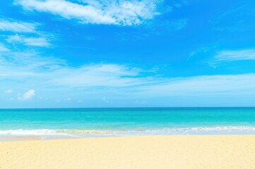White Sand Beach Paradise Turquoise Waters, Bright Coast, Relaxation Scene, Wispy Clouds, Serene Shore Perfect Getaway