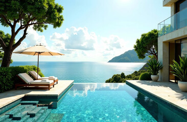 luxurious hotel resort with a breathtaking vista of sparkling azure sea, lush tropical gardens, and infinity pool in early morning light 