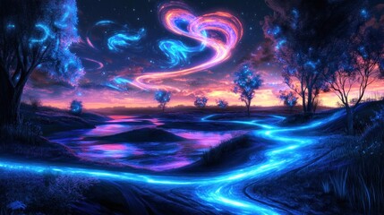 Obraz premium Surreal luminescence landscape with ethereal river under celestial swirls