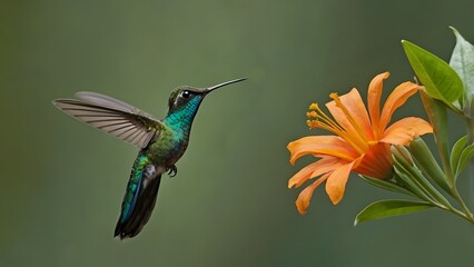 A vibrant hummingbird feeding on a bright orange flower in a lush environment.