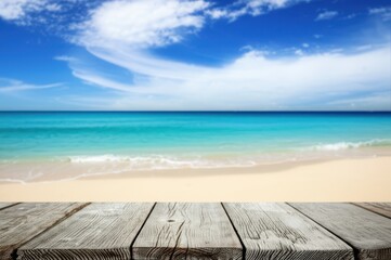 Serene Beach Scene Wooden Table In Foreground Overlooking Bright Ocean Sandy Coast, Capturing Tranquil Vibes Calm, Beautiful Background
