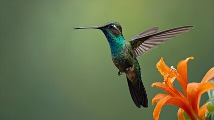 Fototapeta premium A vibrant hummingbird feeding on a bright orange flower in a lush environment.
