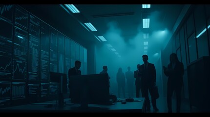 Surreal Silhouette: A group of figures in suits navigates a dimly lit, high-tech room filled with servers, creating a mysterious and enigmatic atmosphere. 