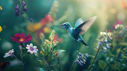 Naklejka premium Colorful hummingbirds and flowers in nature, with a cyan color scheme.