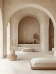 Minimalist beige interior with archways and neutral décor
