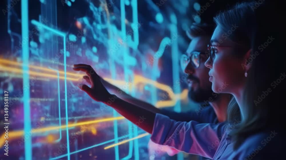Poster two business colleagues are pointing at a large interactive touchscreen display showing colorful dat