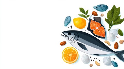 Obraz premium A colorful assortment of food items including fish, nuts, and vegetables