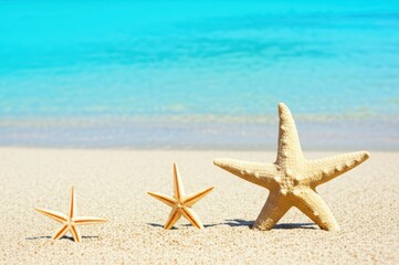 Starfish On Sand Calm Summer Beach View Of Turquoise And Blue Waters, Showcasing Natures Beauty And Tranquility, Perfect For Relaxation And Sun Kissed Tan