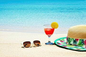 Sip Vibrant Beach Cocktail Crystal Goblet On Sandy Shores, Tropical Vacation Bliss With Ocean Views Sunglasses, Perfect Summer Sand Escape