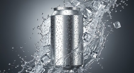 Refreshing drink can with ice cubes and water splash surrounding it