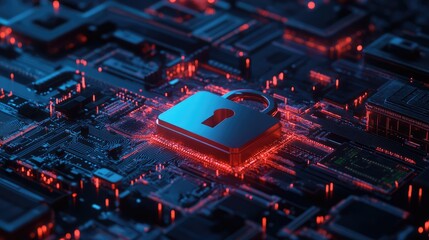 A digital lock symbolizing cybersecurity on a circuit board with glowing red elements, representing technology and protection
