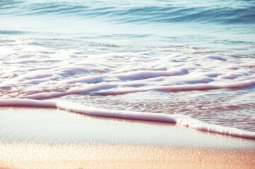 Captivating Close Up View Of Pink And Blue Beach Soft Wet Sand Reflecting Seas Hues, Gentle Ocean Waves Creating Serene Coastal Scene