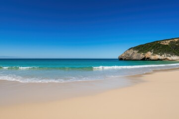 Breathtaking Beach Scene Turquoise Ocean Meets Gentle Waves Under Clear Sky, Revealing Beauty Of Natures Horizon With Green Vegetation And Dramatic Cliff