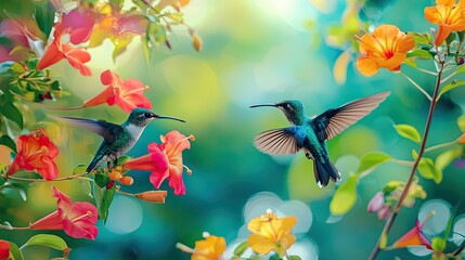 Colorful hummingbirds and flowers in nature, with a cyan color scheme.