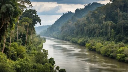Obraz premium A serene riverbank scene featuring a calm river surrounded by dense greenery.