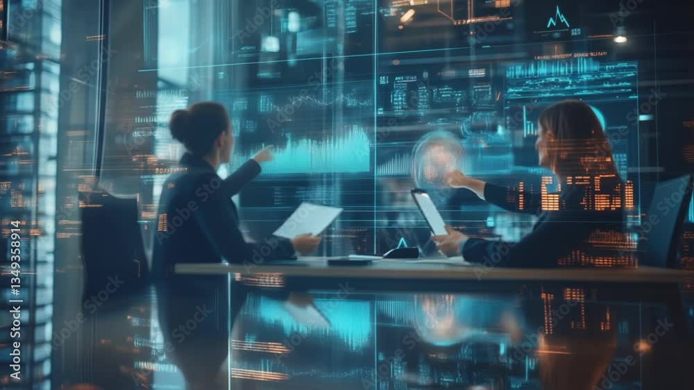 Wall mural two businesswomen analyzing holographic data charts and graphs on a large interactive screen in a mo