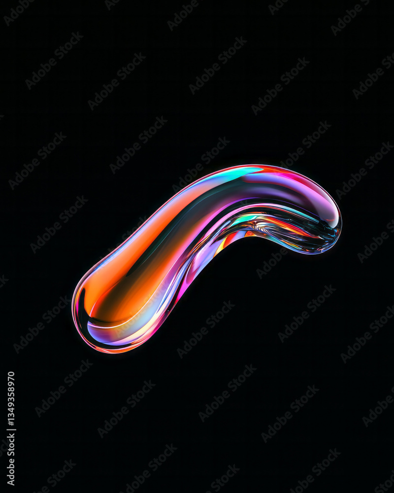 Fototapete a smooth, black glossy fluid shape with iridescent gradient reflections, floating in a dark