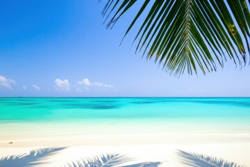 Escape To Paradise Sunny Beach Bliss With White Sand, Turquoise Ocean, And Blue Sky, Tropical Haven Where Ocean Meets Sand Under Bright Sky