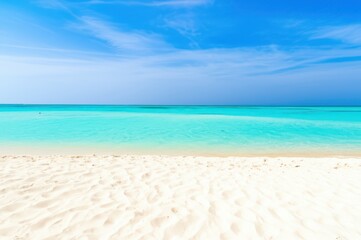 Perfect Tropical Beach Scene Turquoise Water Meets Clear Sky Over White Sand Horizon Experience Serene Summer Day With This Breathtaking Panorama