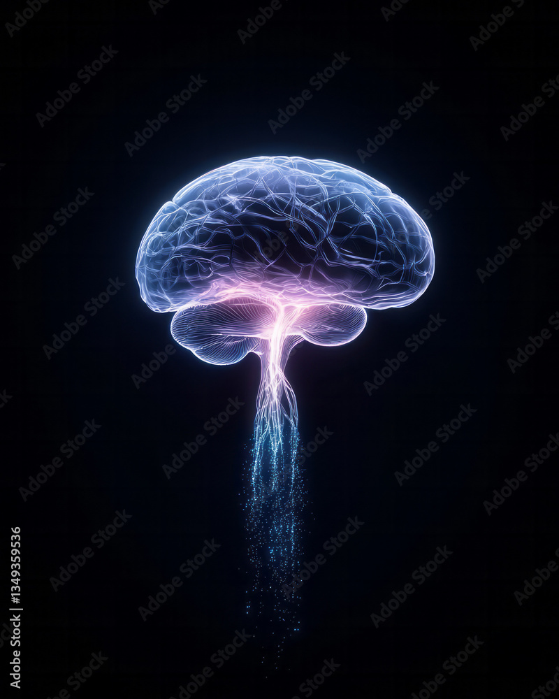 Poster A futuristic 3D-rendered black glossy brain with flowing neural pathways illuminated by soft blue