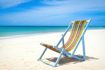 Colorful Beach Chair Bright Striped Frame On White Sand, Turquoise Ocean, Azure Sky Perfect For Vacation Leisure Activity Under Vibrant Sunlight