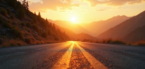 Low angle view of an empty asphalt road in mountain area at sunset. Paved highway leads to horizon. Golden sunlight illuminates the way. Journey travel at summertime, idyllic nature landscape.