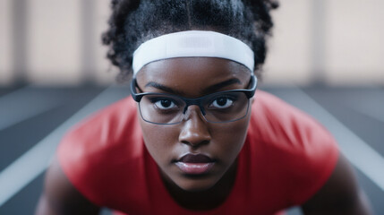 focused athlete wearing glasses and headband prepares for sprint on indoor track, showcasing determination and readiness