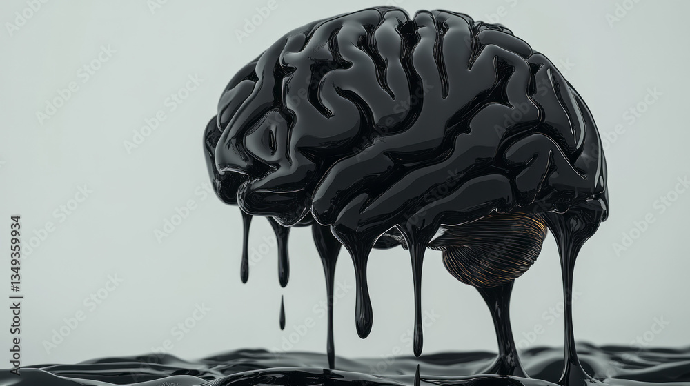 Poster an artistic abstraction of consciousness, where a 3d-rendered black brain morphs and reshapes like