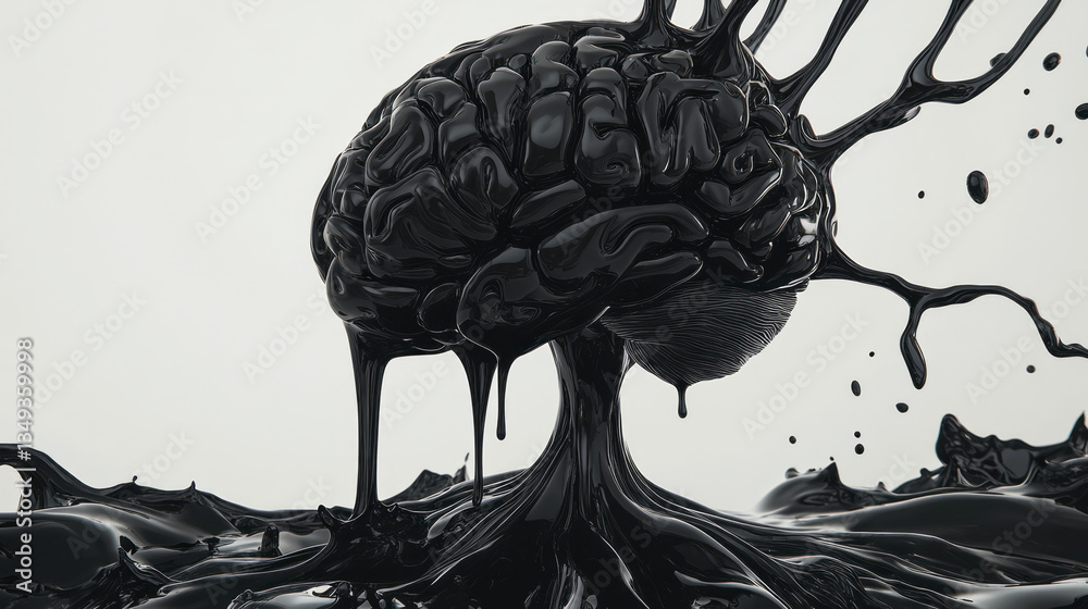 Poster an artistic abstraction of consciousness, where a 3d-rendered black brain morphs and reshapes like