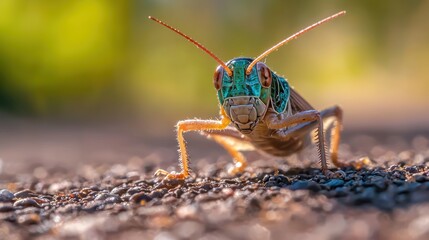 Fototapeta premium Close-up of colorful grasshopper on ground with blurred background