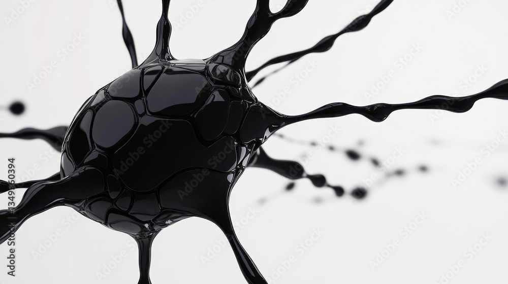 Poster a dreamlike neural network forming an abstract black brain, the glossy material stretching and